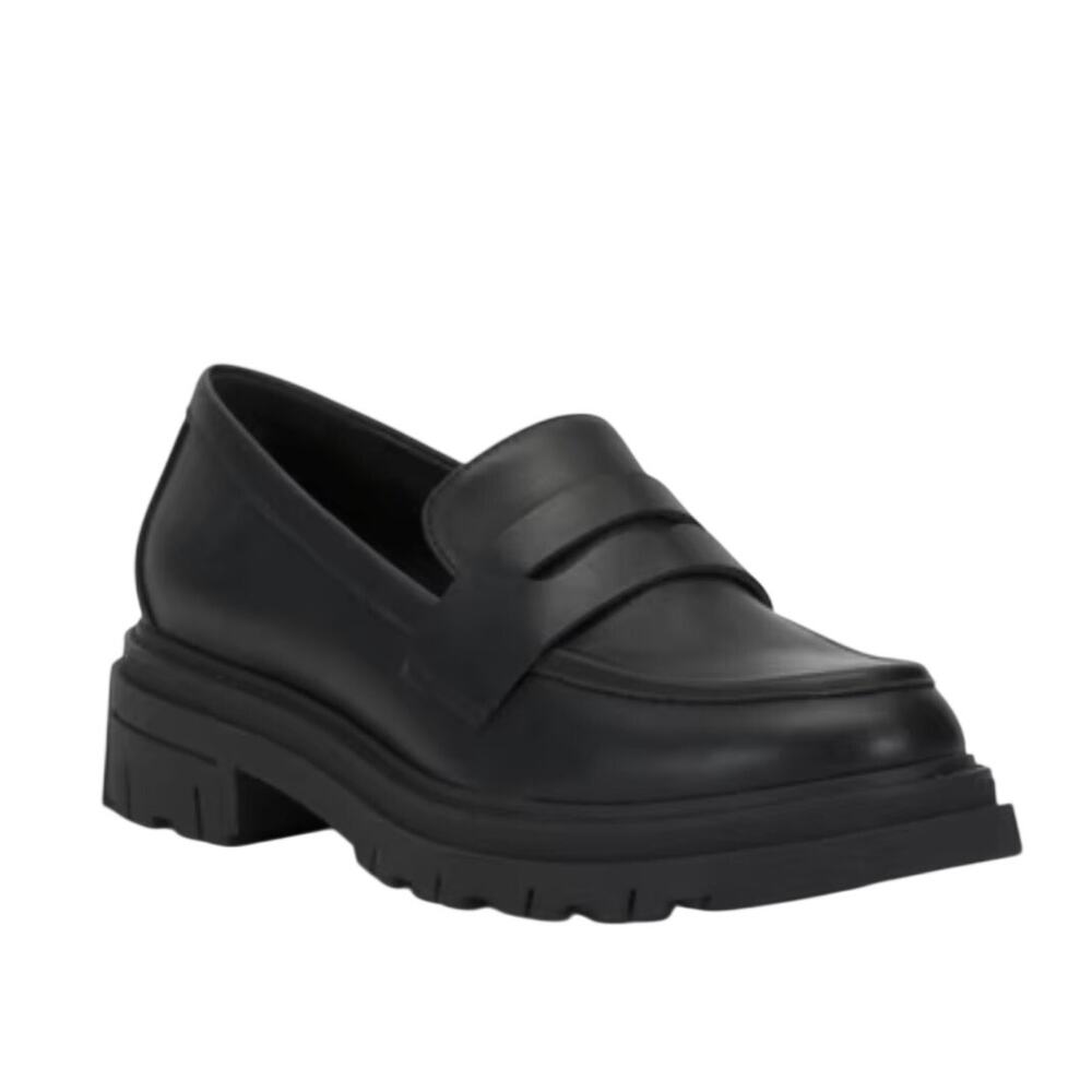 Crown Vintage Lane Black Penny Loafers Lug Sole Faux Leather Size 9.5 Academia